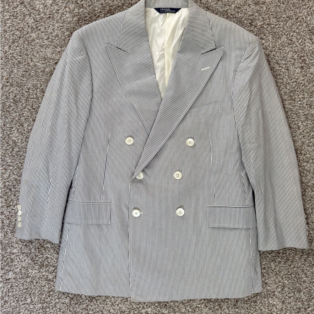 80’sVintage Polo Ralph Lauren Navy White SeersuckerDouble-Breasted Blazer Size42